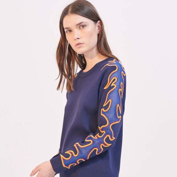 SANDRO PARIS Flame Embroidered Sweatshirt Navy Blue Sz S {AA3} - Picture 1 of 9